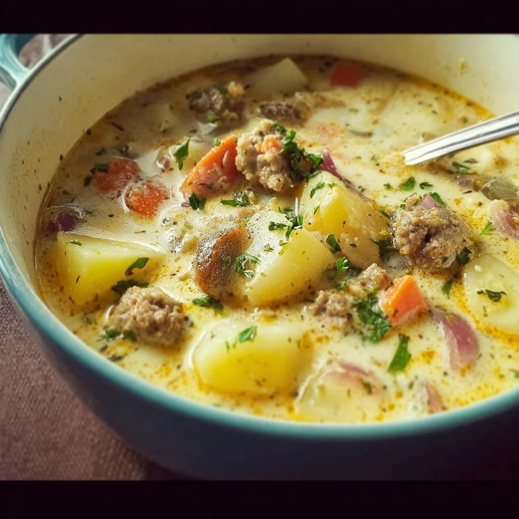 Bowl of creamy sausage potato soup garnished with herbs and served with bread.