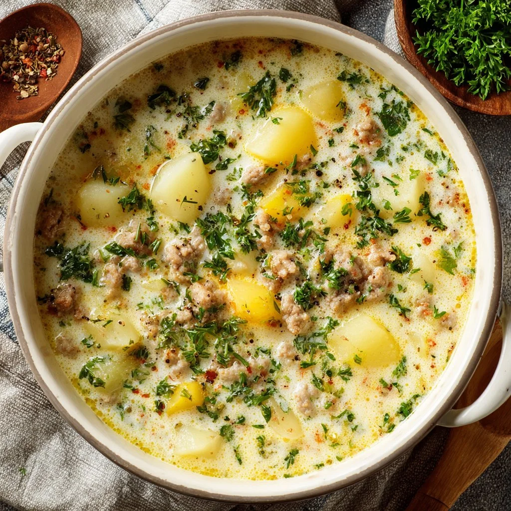 Delicious creamy sausage potato soup in a bowl with toppings.