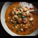 A bowl of creamy sausage soup garnished with herbs and served warm