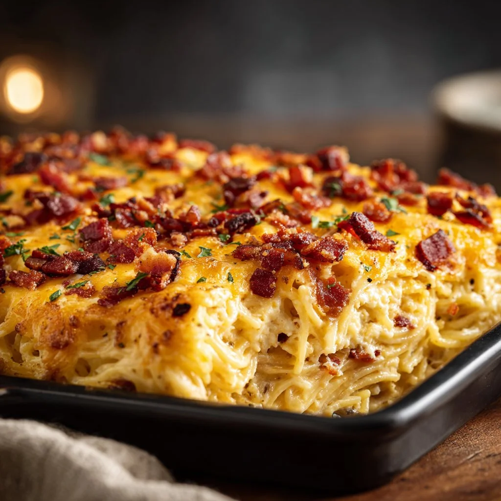 Creamy Southern Spaghetti Bake topped with cheese and herbs in a baking dish.