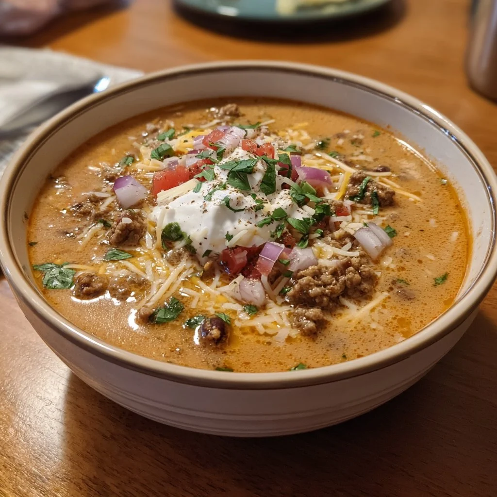 Bowl of creamy taco soup garnished with cilantro and lime