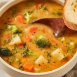 Bowl of creamy vegetable soup with fresh ingredients and herbs