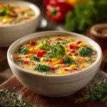 Creamy vegetable soup served in a bowl with fresh herbs and vegetables.