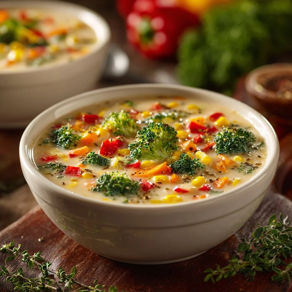 Creamy vegetable soup served in a bowl with fresh herbs and vegetables.