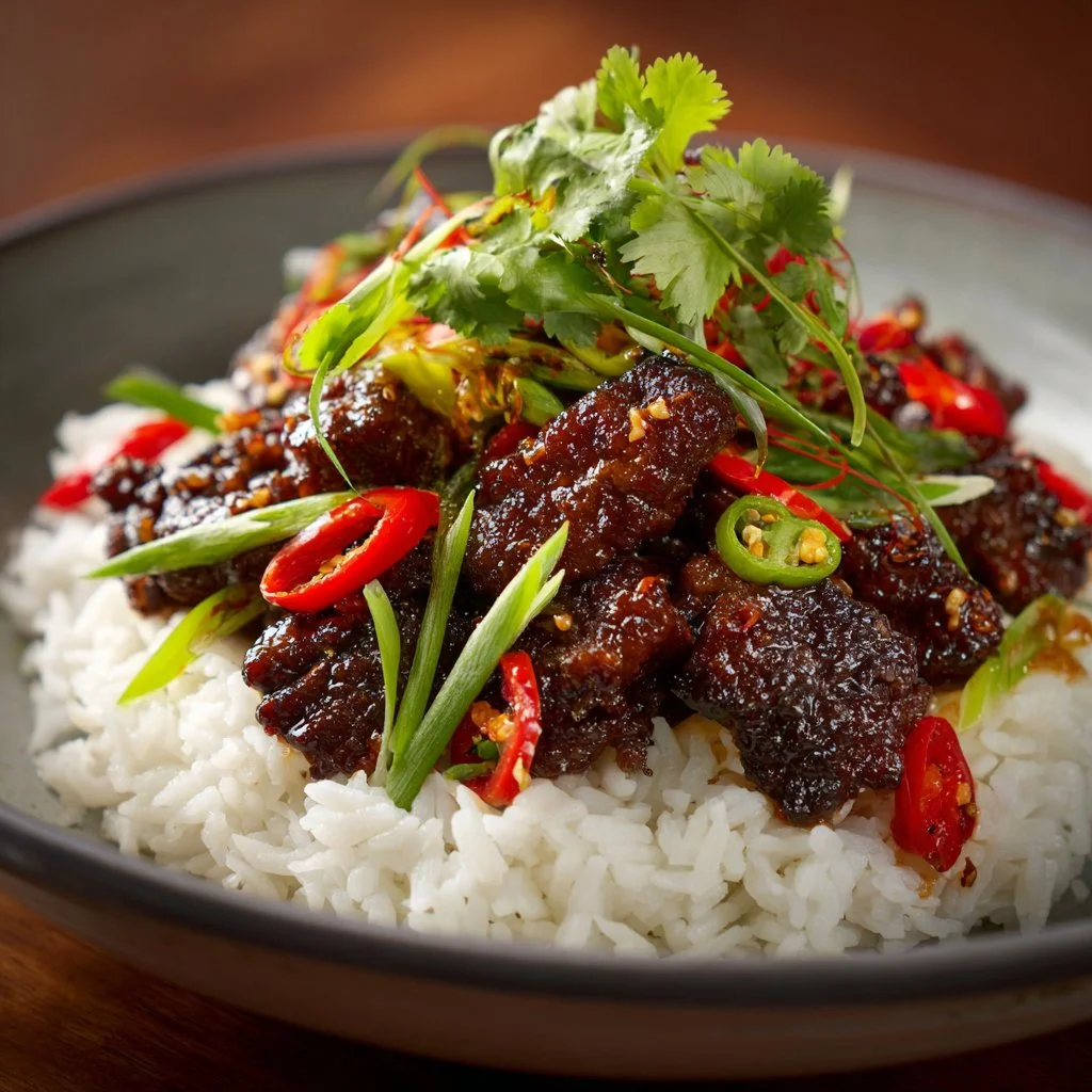 Bowl of crispy chilli beef served over fluffy rice, garnished with green onions.