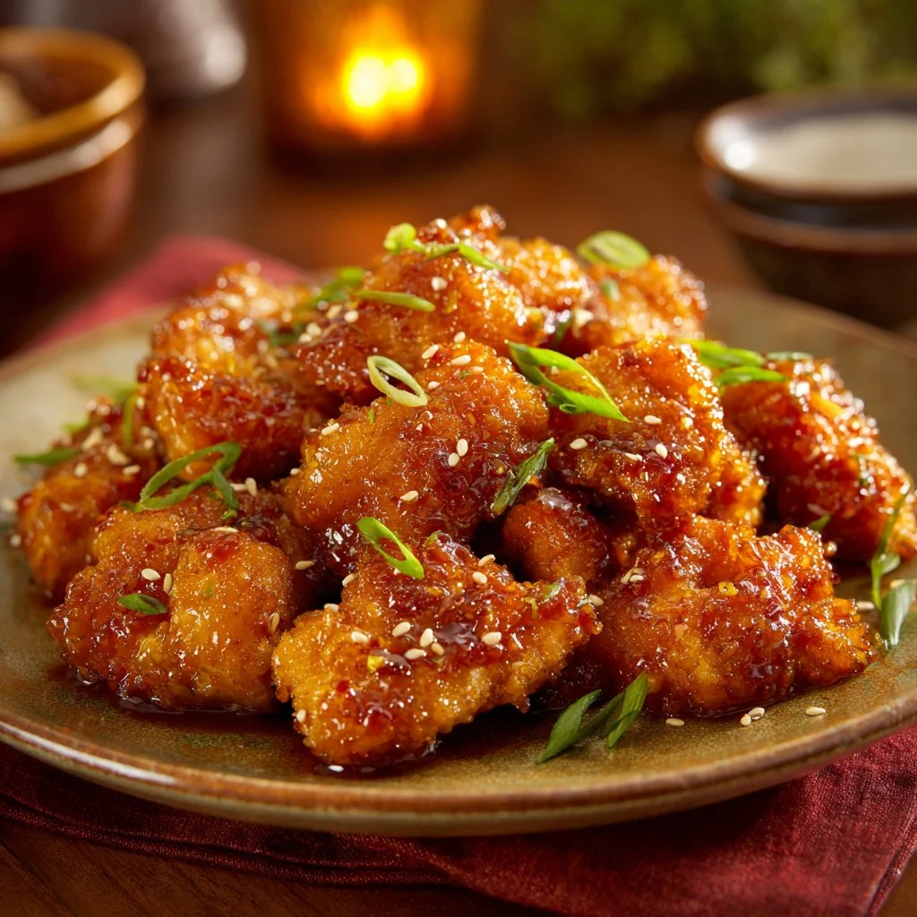 Crispy Chinese honey chicken with a golden glaze, served with vegetables.