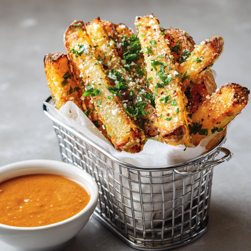 Crispy garlic parmesan fries garnished with herbs