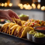 Plate of crispy ground beef tacos garnished with fresh ingredients