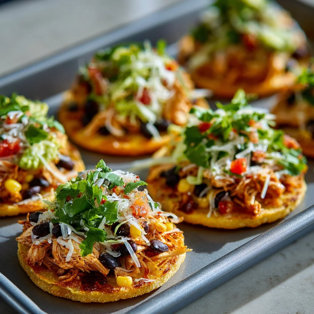 Crispy rotisserie chicken tostadas topped with fresh vegetables and salsa.