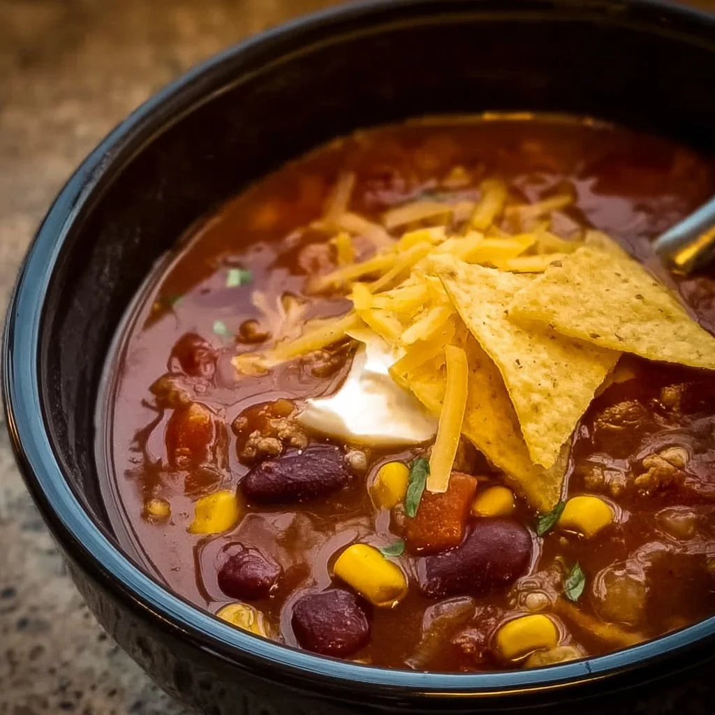 Bowl of delicious Crock Pot Taco Soup garnished with cilantro and tortilla chips