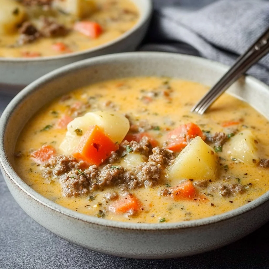 Bowl of delicious Crockpot Cheeseburger Soup topped with cheese and herbs