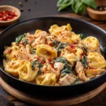 Bowl of CrockPot Chicken Tortellini served with fresh herbs