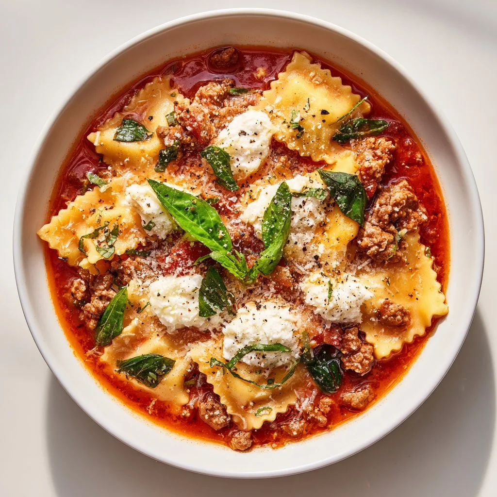 Delicious bowl of crockpot lasagna soup garnished with fresh herbs