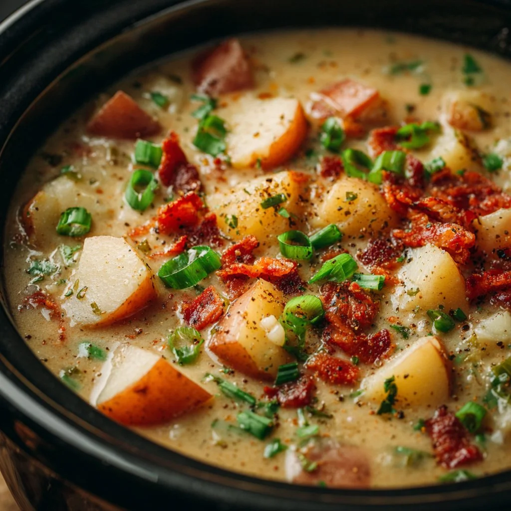 Crockpot potato soup made with frozen potatoes, creamy and delicious