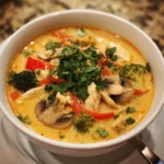 Bowl of Crockpot Thai Coconut Chicken Soup with fresh herbs and spices