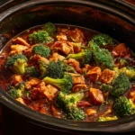 Crockpot Teriyaki Chicken served in a bowl with rice and vegetables