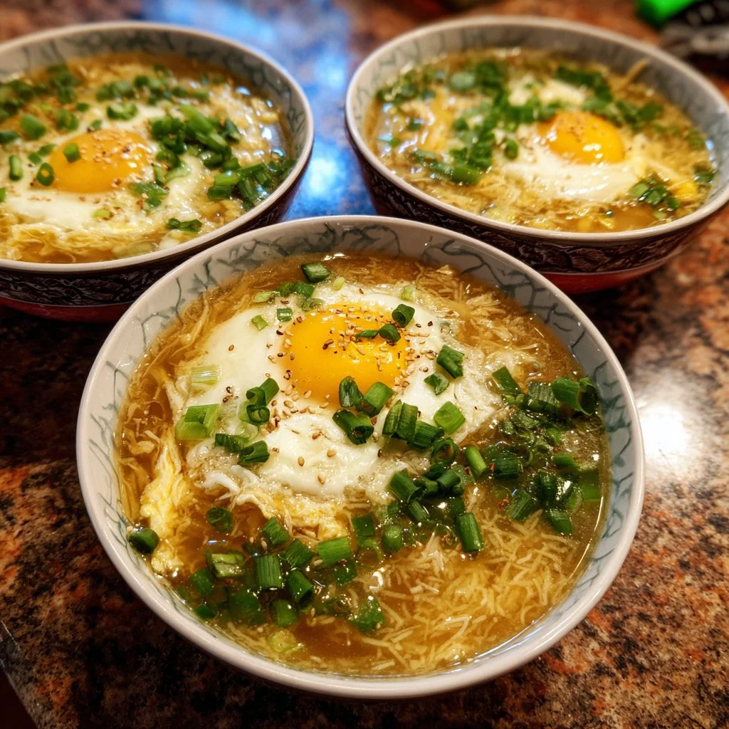Bowl of easy homemade egg drop soup garnished with green onions.