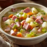 Bowl of easy and comforting ham and potato soup topped with herbs