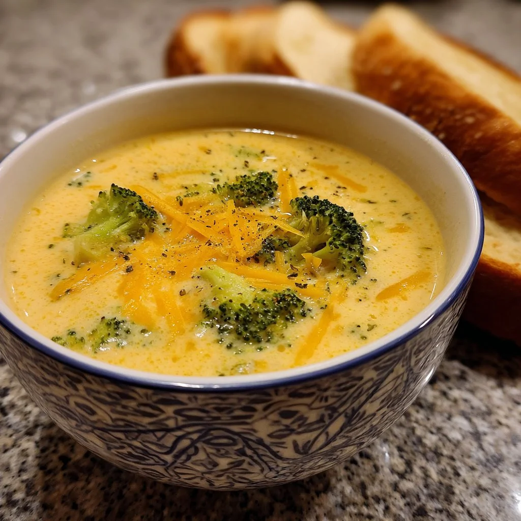 Bowl of easy broccoli cheddar soup topped with cheese and fresh herbs