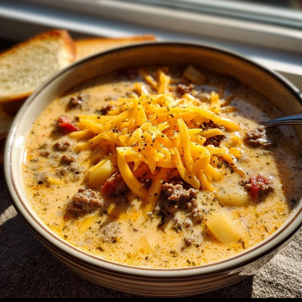 A bowl of easy cheeseburger soup topped with cheese and herbs