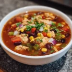 Bowl of easy chicken taco soup garnished with cilantro and lime