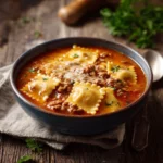 Bowl of easy lasagna soup without ricotta topped with herbs.