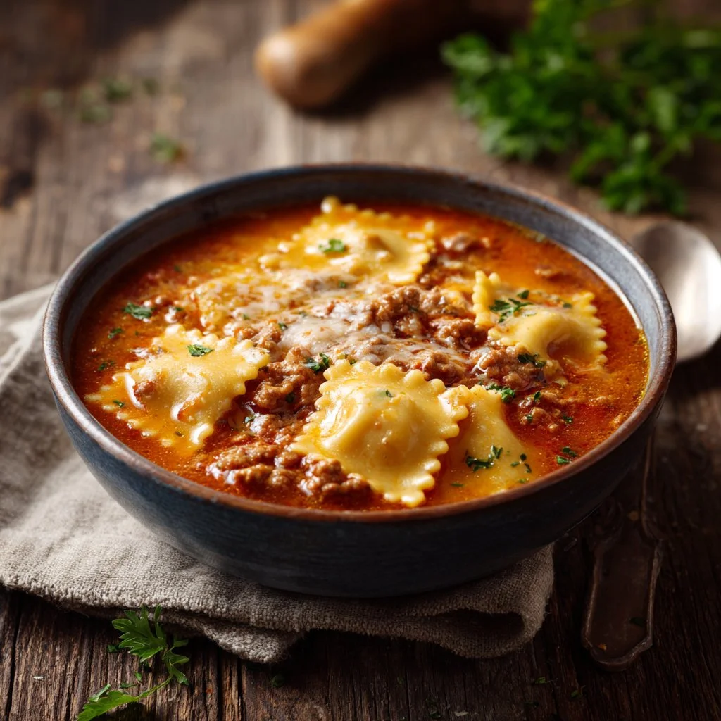 Bowl of easy lasagna soup without ricotta topped with herbs.