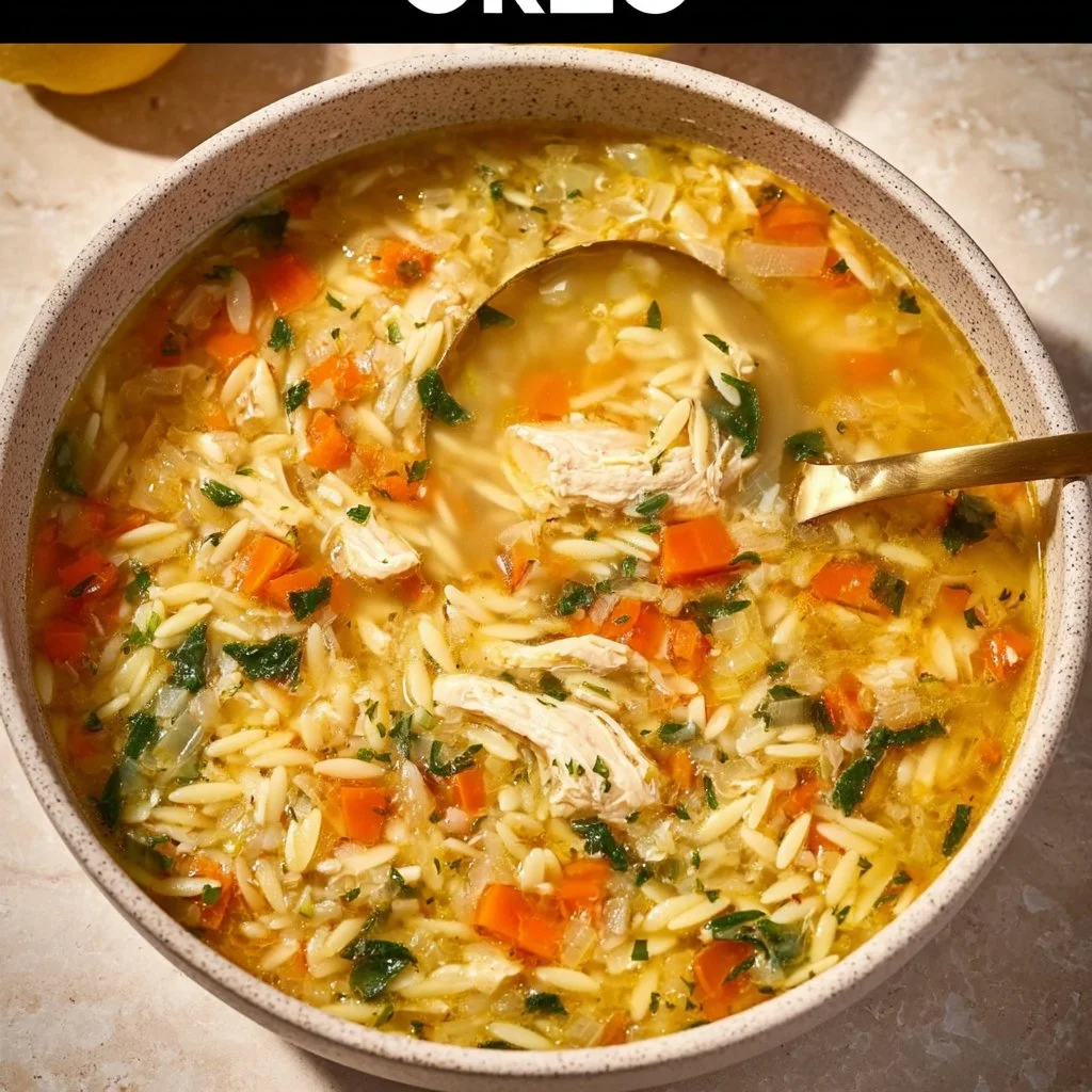 A bowl of easy lemon chicken orzo soup garnished with fresh herbs