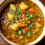 Bowl of easy lentil potato soup with fresh herbs and spices