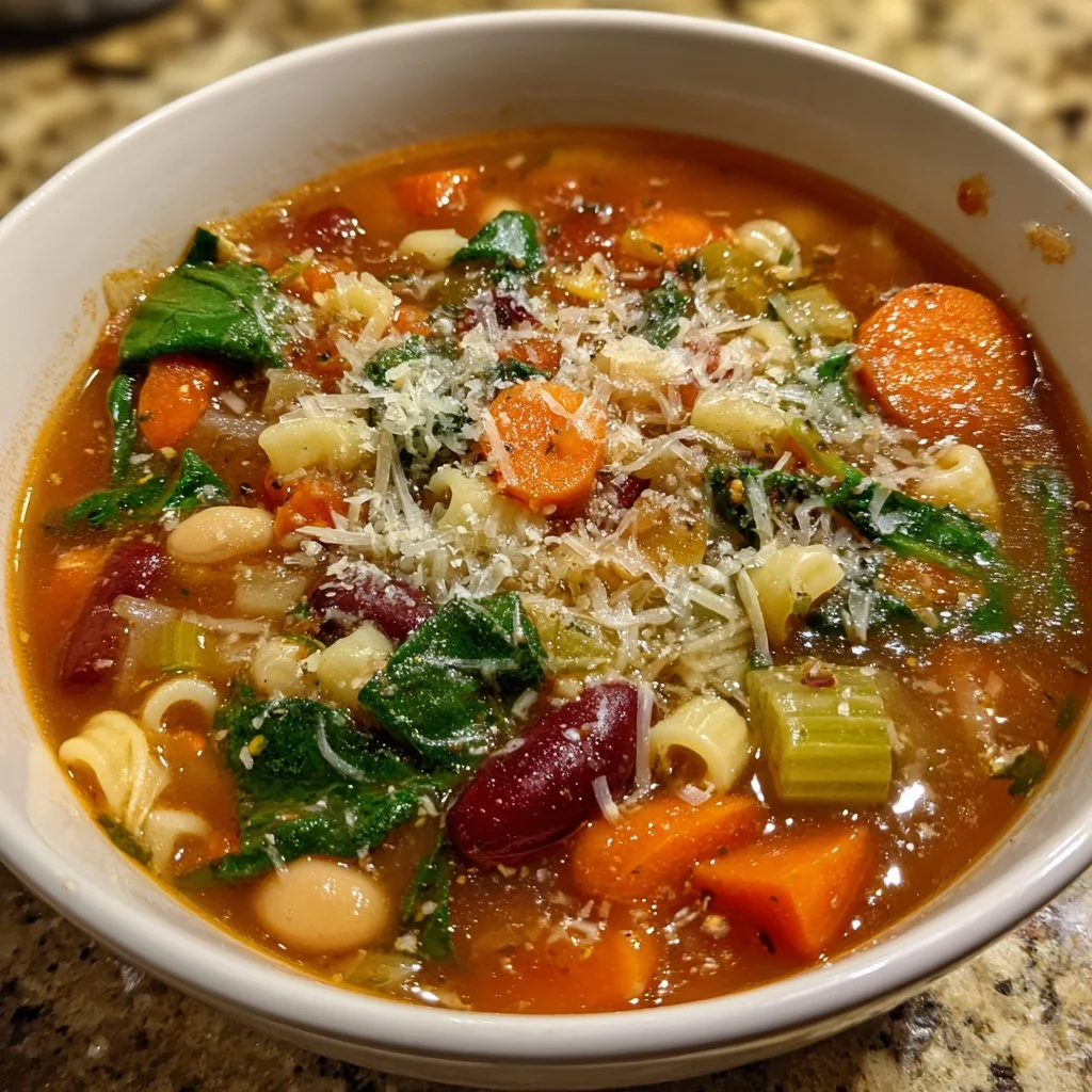 Bowl of easy minestrone soup with vegetables and pasta