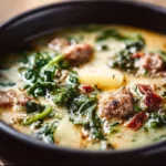 Delicious Easy Olive Garden Zuppa Toscana Soup served in a bowl with fresh herbs.