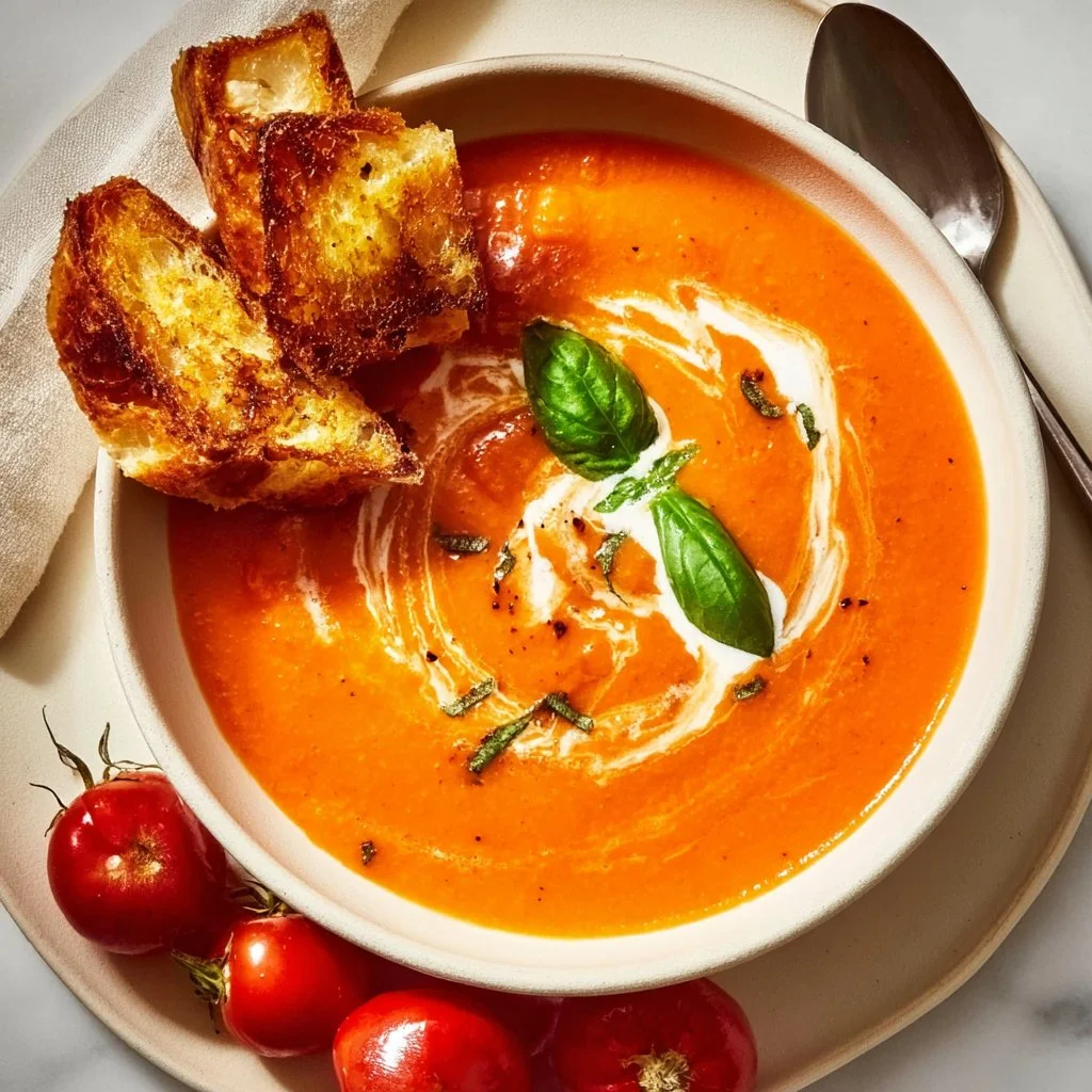 Bowl of easy roasted tomato soup garnished with fresh herbs