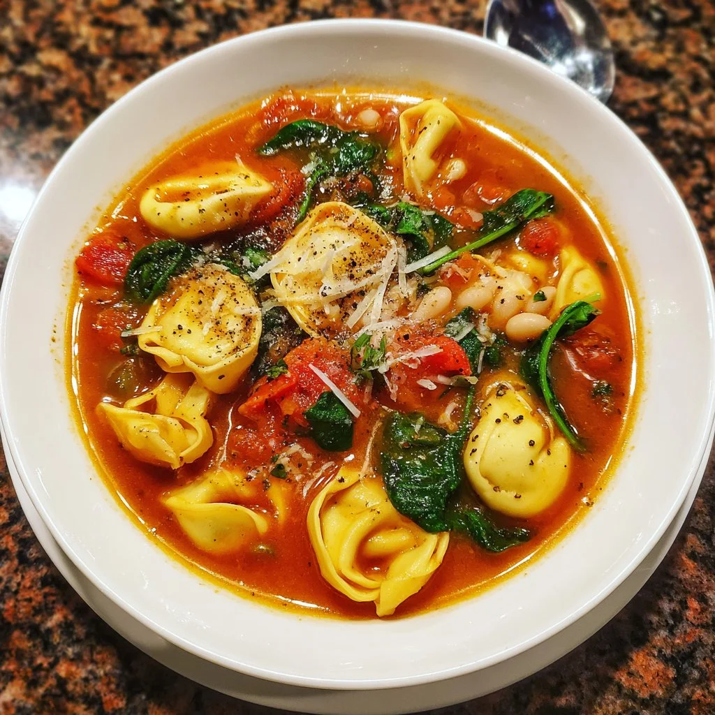 Delicious bowl of easy Sausage Spinach Tortellini Soup with fresh spinach and sausage
