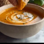 Bowl of easy homemade soup recipe garnished with herbs.