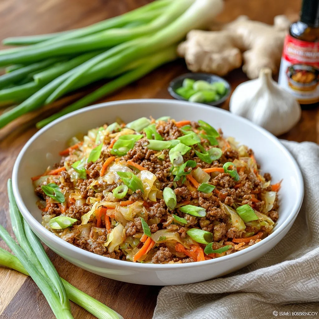 Healthy Egg Roll in a Bowl with colorful veggies and savory meat