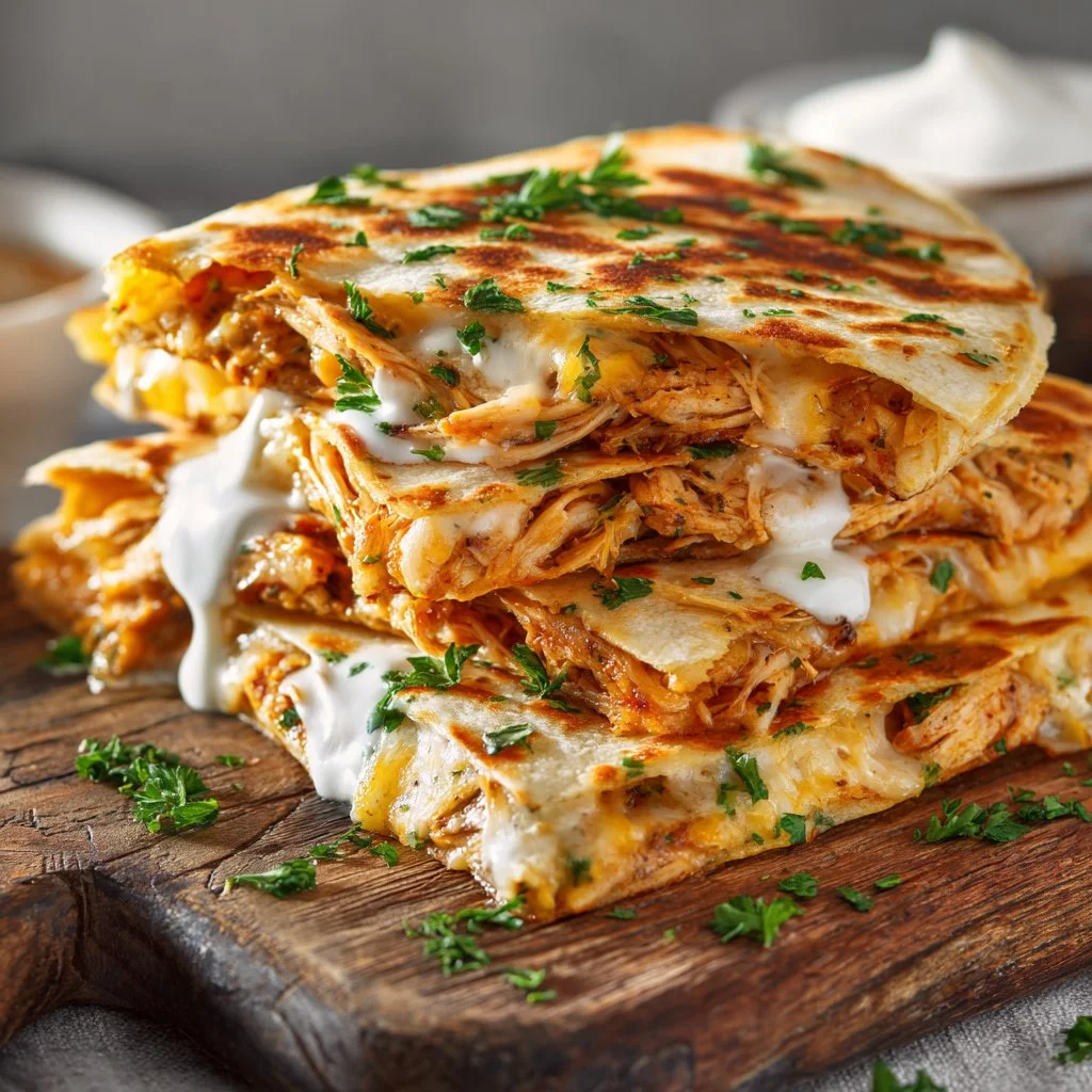 Delicious chicken quesadilla served with salsa and toppings