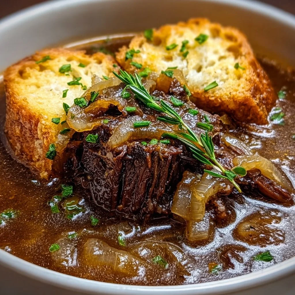 Bowl of French Onion Beef Short Rib Soup garnished with herbs