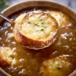 Bowl of homemade French Onion Soup topped with melted cheese and fresh herbs