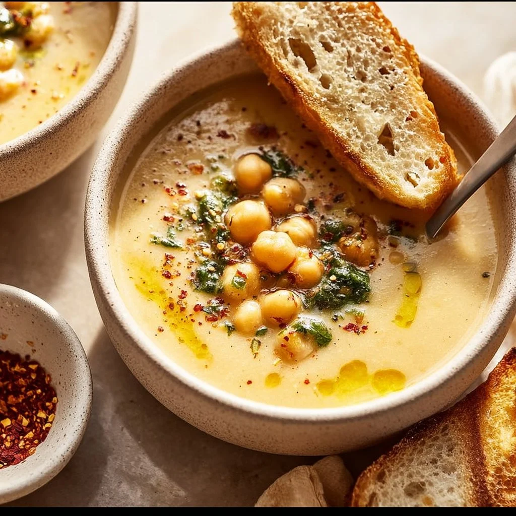 Bowl of Garlic Chickpea Soup garnished with herbs and spices