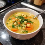 A bowl of Garlic Chickpea Soup garnished with herbs and spices.