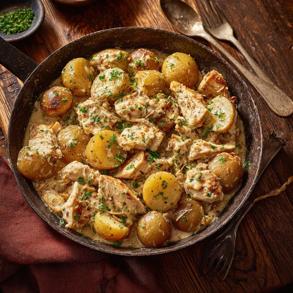 Delicious Garlic Parmesan Crockpot Chicken served with potatoes.