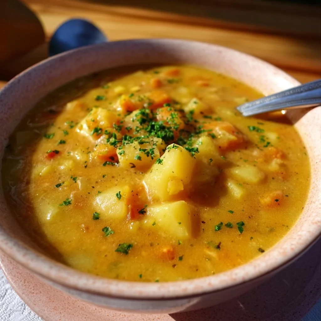 Delicious bowl of German Potato Soup topped with fresh herbs.