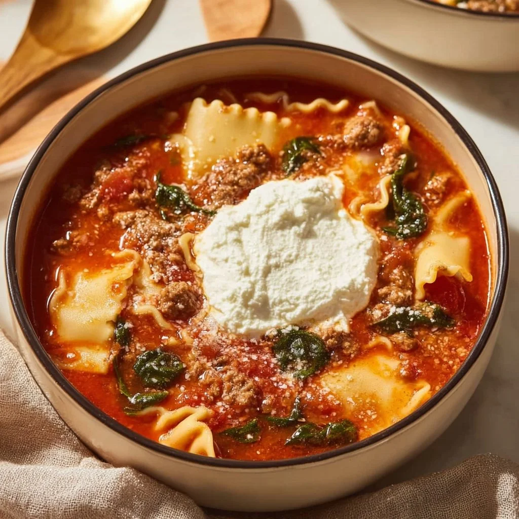 Bowl of gluten-free and dairy-free lasagna soup topped with fresh herbs.