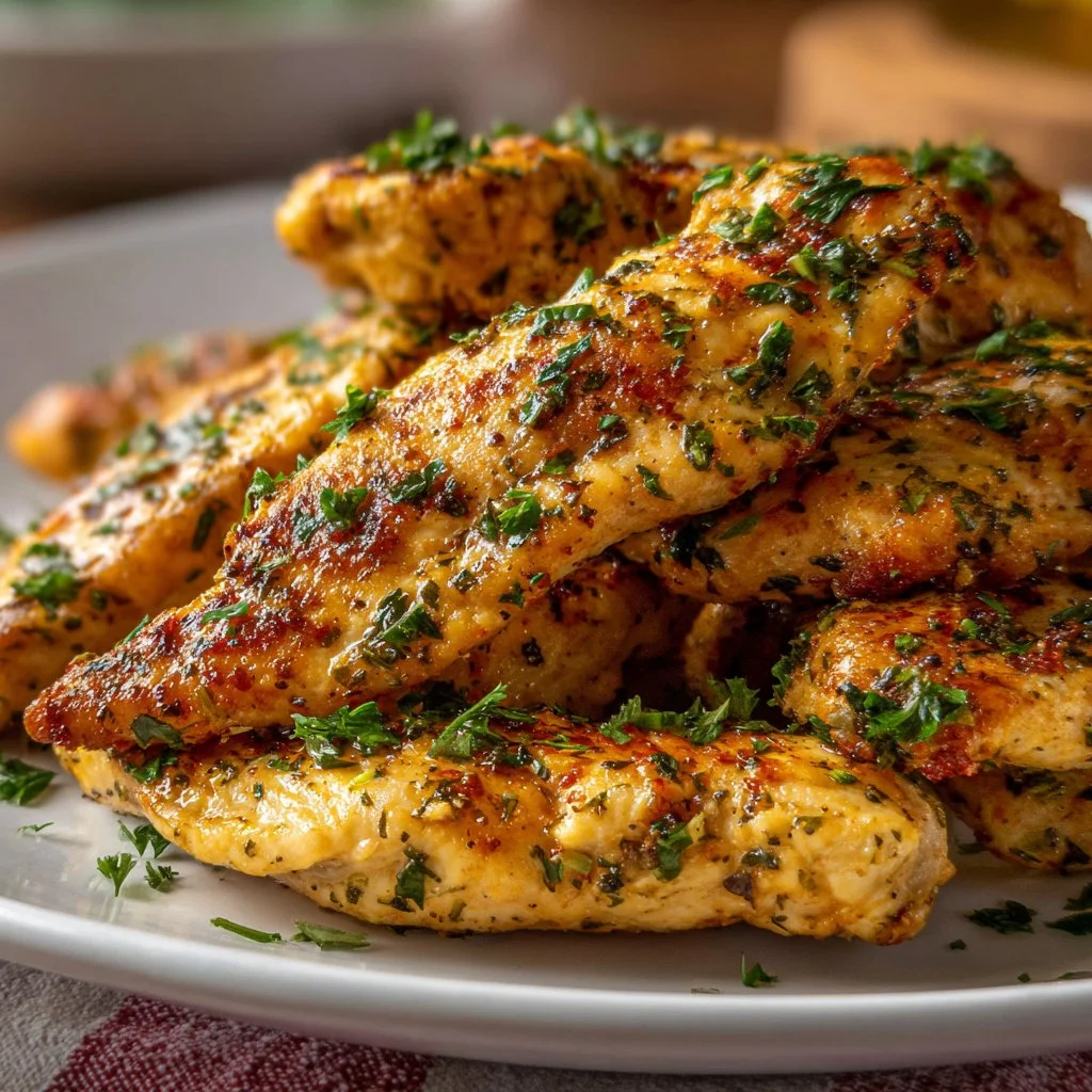 Delicious Greek Chicken Tenders served with fresh herbs and lemon