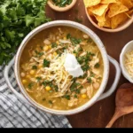Bowl of Green Chile Chicken Enchilada Soup topped with cilantro and cheese