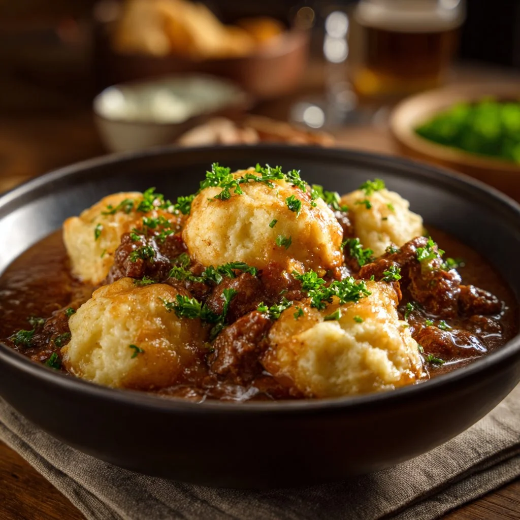 Ground beef and dumplings served in a bowl, garnished with herbs.