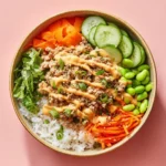 Ground turkey rice bowl topped with Bang Bang sauce