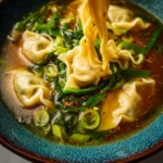 A bowl of Gyoza Soup featuring Japanese dumplings in a flavorful broth
