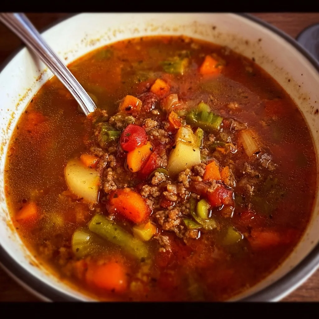 Bowl of delicious Hamburger Vegetable Soup with fresh vegetables and ground beef