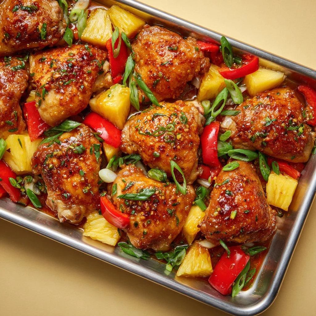 Hawaiian Chicken Sheet Pan Dinner with colorful vegetables and tropical ingredients.